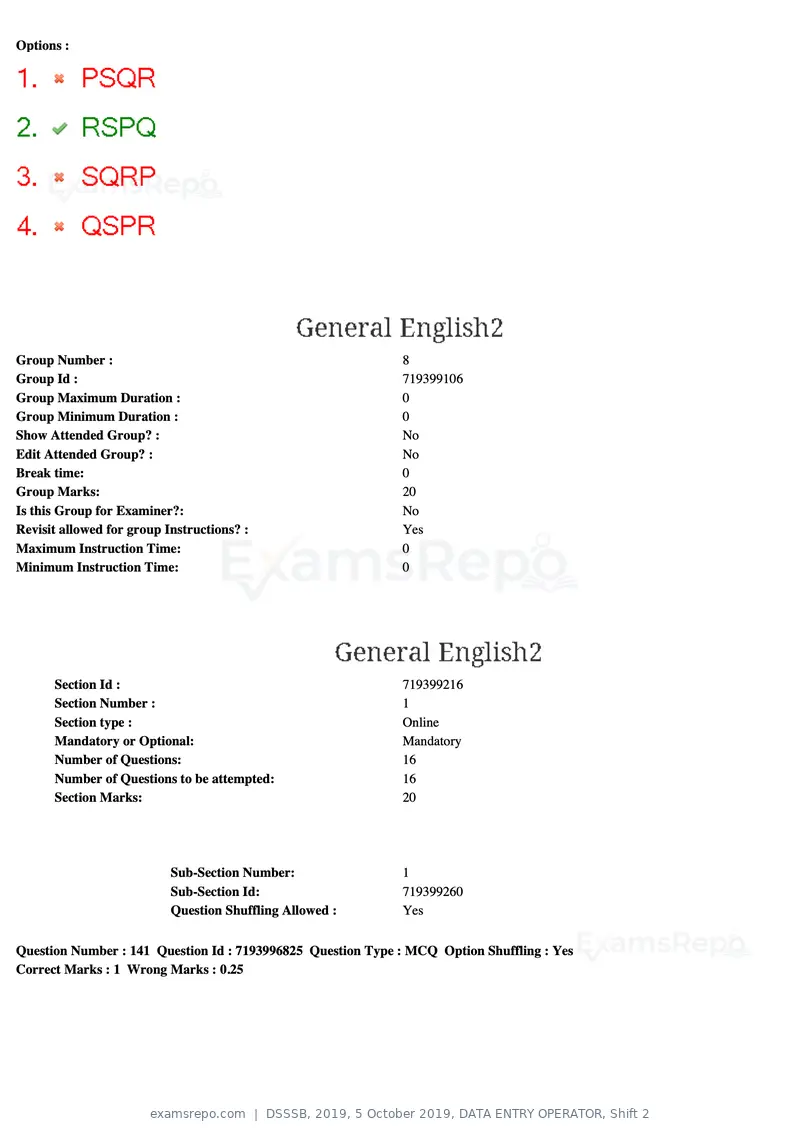 DSSSB 2019 question paper, 5 October 2019, DATA ENTRY OPERATOR, Shift 2, page 123 of 175
