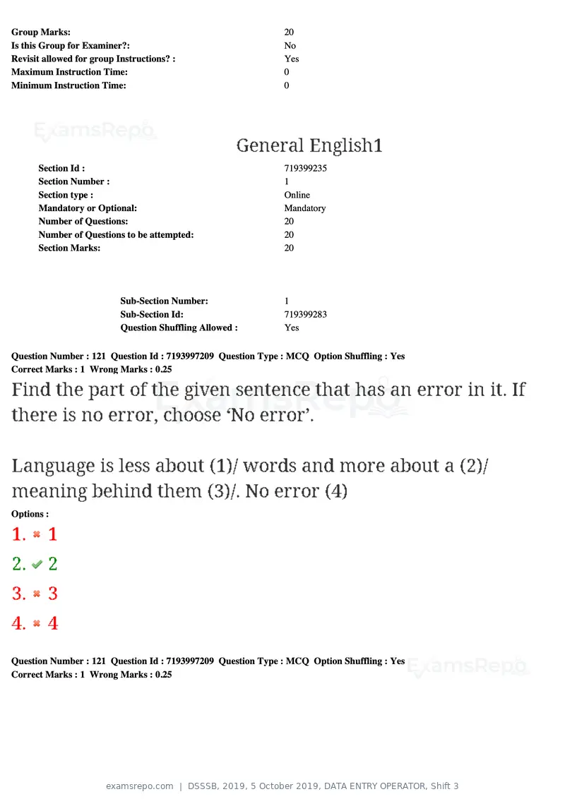 DSSSB 2019 question paper, 5 October 2019, DATA ENTRY OPERATOR, Shift 3, page 111 of 179