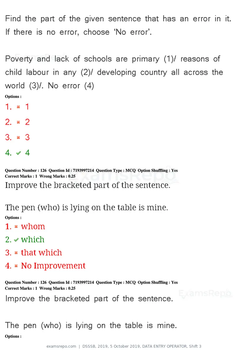 DSSSB 2019 question paper, 5 October 2019, DATA ENTRY OPERATOR, Shift 3, page 116 of 179