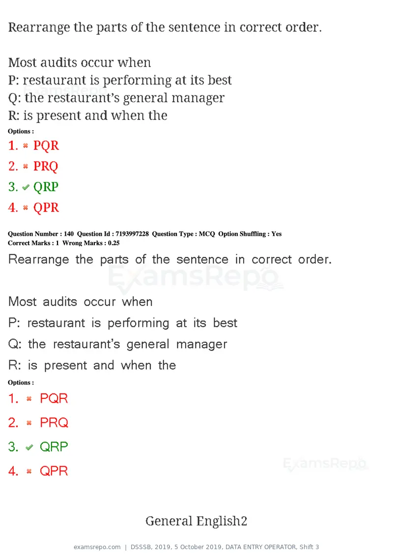 DSSSB 2019 question paper, 5 October 2019, DATA ENTRY OPERATOR, Shift 3, page 128 of 179