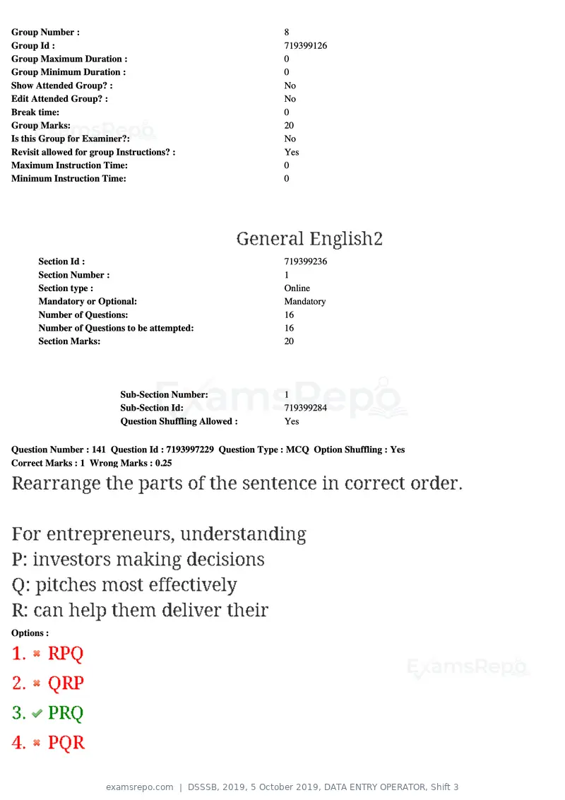 DSSSB 2019 question paper, 5 October 2019, DATA ENTRY OPERATOR, Shift 3, page 129 of 179