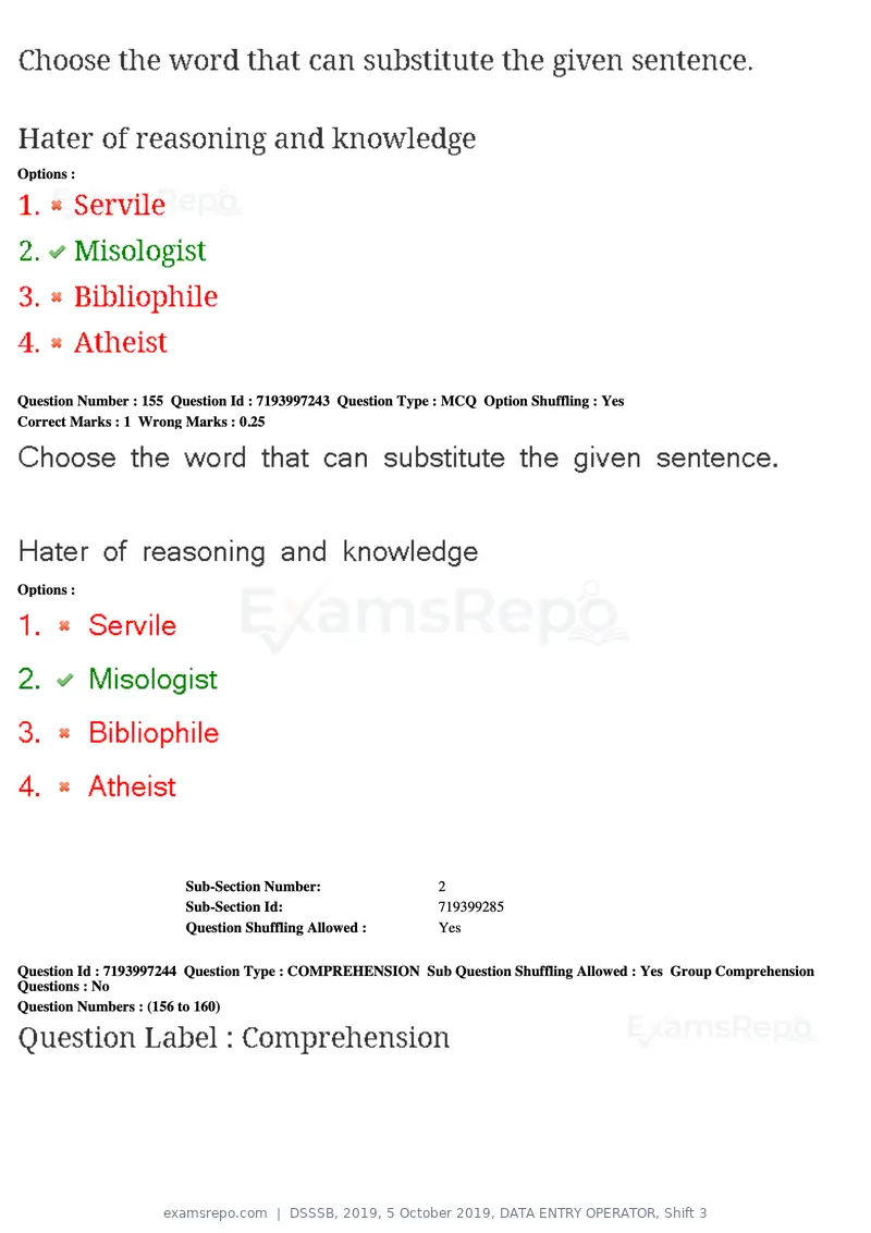 DSSSB 2019 question paper, 5 October 2019, DATA ENTRY OPERATOR, Shift 3, page 141 of 179