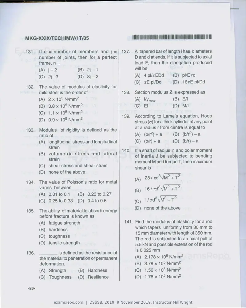 DSSSB 2019 question paper, 9 November 2019, Instructor Mill Wright, page 26 of 40