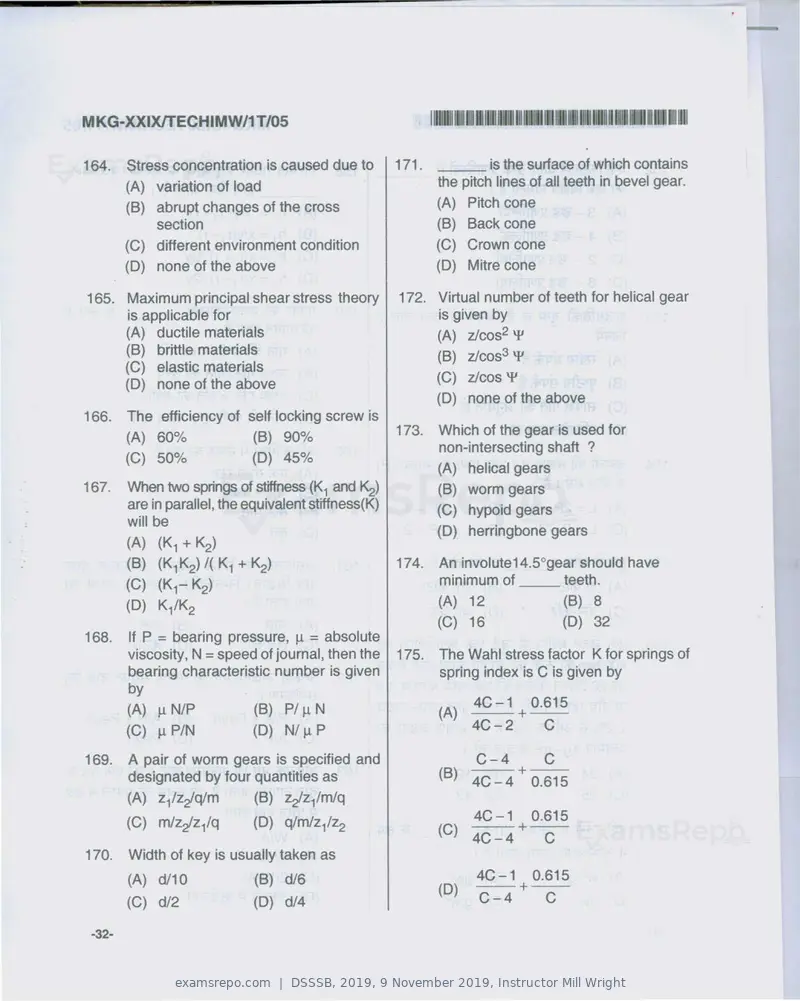 DSSSB 2019 question paper, 9 November 2019, Instructor Mill Wright, page 32 of 40