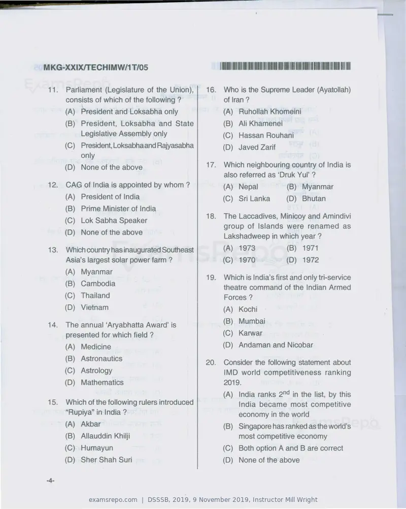 DSSSB 2019 question paper, 9 November 2019, Instructor Mill Wright, page 4 of 40