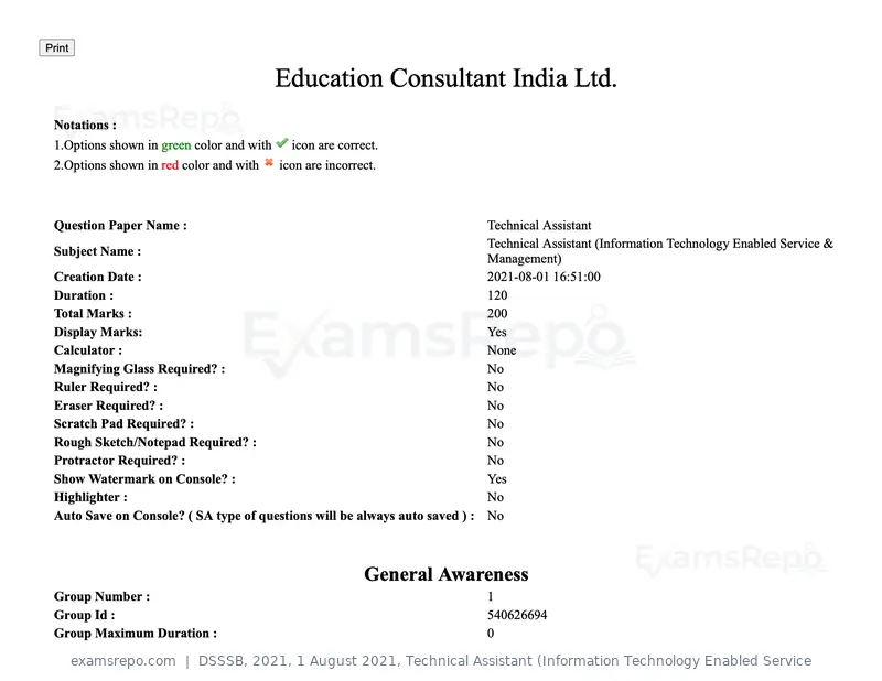 DSSSB 2021 question paper, 1 August 2021, Technical Assistant (Information Technology Enabled Service, page 1 of 158