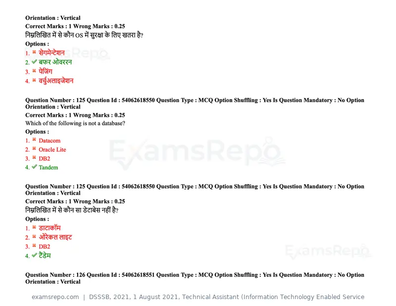 DSSSB 2021 question paper, 1 August 2021, Technical Assistant (Information Technology Enabled Service, page 104 of 158