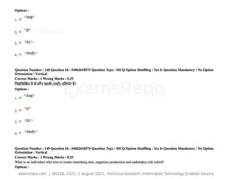 DSSSB 2021 question paper, 1 August 2021, Technical Assistant (Information Technology Enabled Service, page 122 of 158