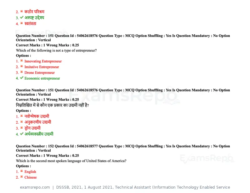 DSSSB 2021 question paper, 1 August 2021, Technical Assistant (Information Technology Enabled Service, page 124 of 158