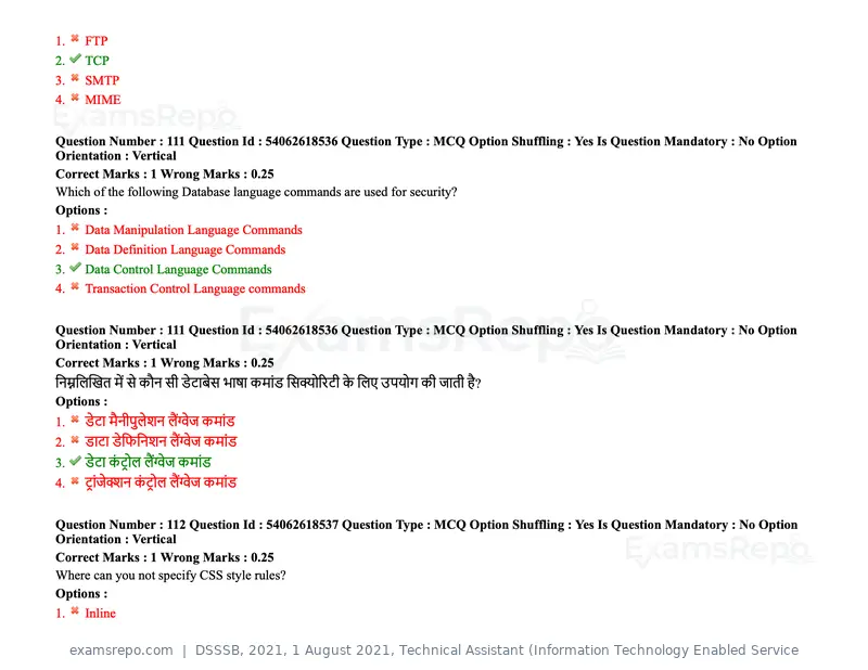 DSSSB 2021 question paper, 1 August 2021, Technical Assistant (Information Technology Enabled Service, page 93 of 158