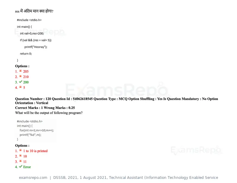 DSSSB 2021 question paper, 1 August 2021, Technical Assistant (Information Technology Enabled Service, page 99 of 158