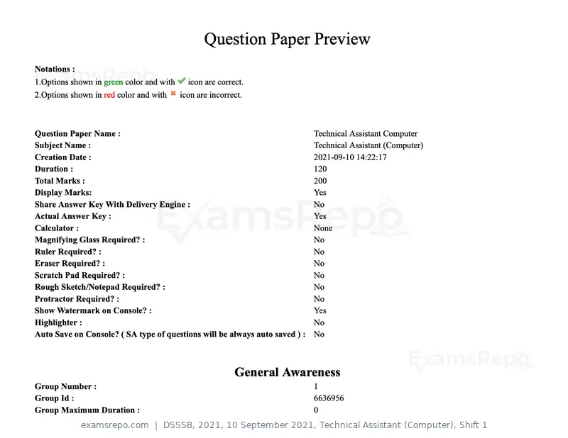 DSSSB 2021 question paper, 10 September 2021, Technical Assistant (Computer), Shift 1, page 1 of 157