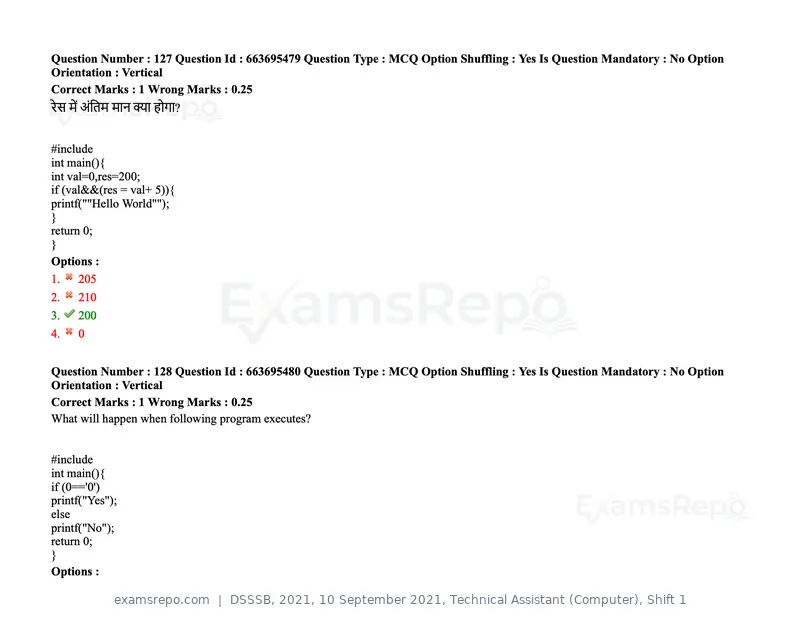 DSSSB 2021 question paper, 10 September 2021, Technical Assistant (Computer), Shift 1, page 106 of 157