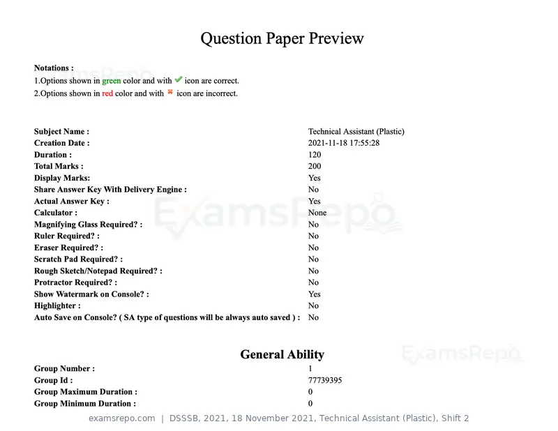 DSSSB 2021 question paper, 18 November 2021, Technical Assistant (Plastic), Shift 2, page 1 of 168