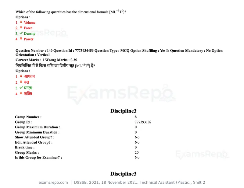 DSSSB 2021 question paper, 18 November 2021, Technical Assistant (Plastic), Shift 2, page 126 of 168