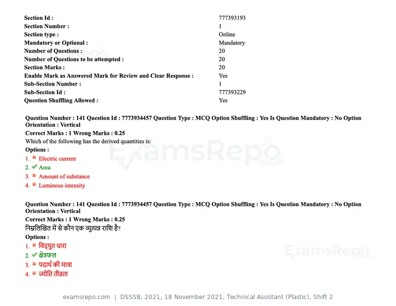 DSSSB 2021 question paper, 18 November 2021, Technical Assistant (Plastic), Shift 2, page 127 of 168