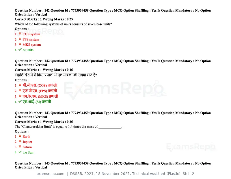 DSSSB 2021 question paper, 18 November 2021, Technical Assistant (Plastic), Shift 2, page 128 of 168
