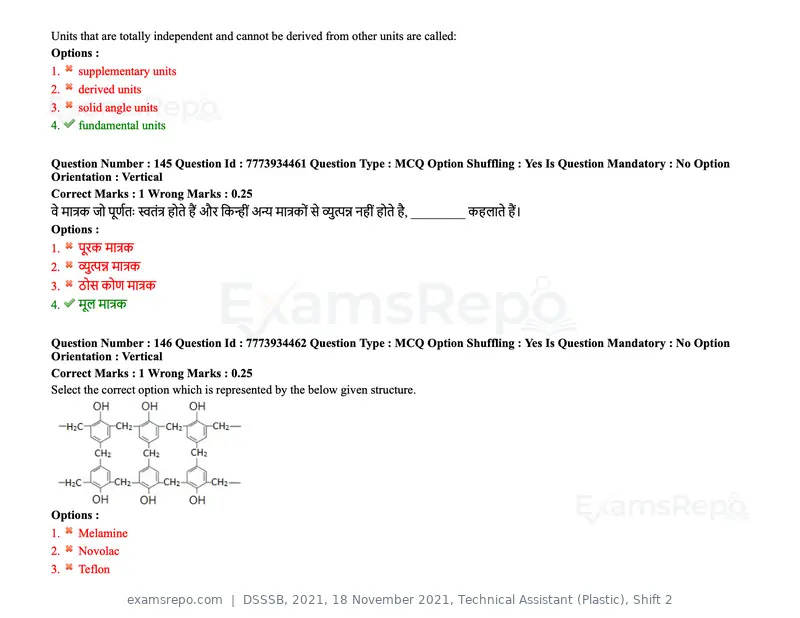 DSSSB 2021 question paper, 18 November 2021, Technical Assistant (Plastic), Shift 2, page 130 of 168
