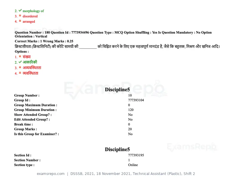 DSSSB 2021 question paper, 18 November 2021, Technical Assistant (Plastic), Shift 2, page 154 of 168