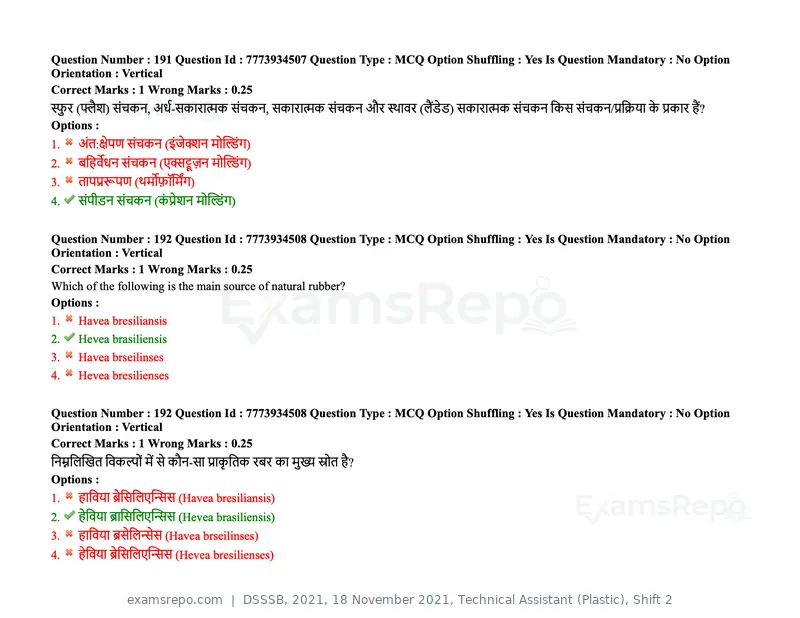DSSSB 2021 question paper, 18 November 2021, Technical Assistant (Plastic), Shift 2, page 162 of 168