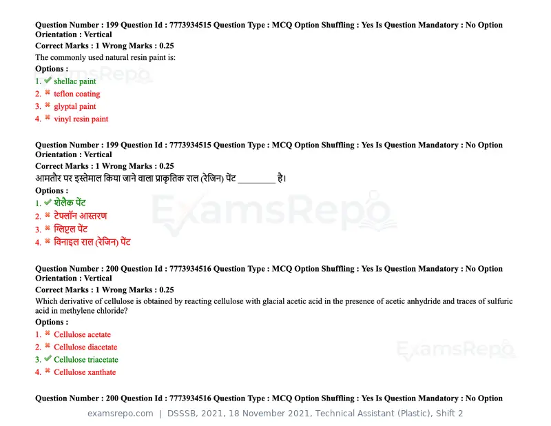 DSSSB 2021 question paper, 18 November 2021, Technical Assistant (Plastic), Shift 2, page 167 of 168