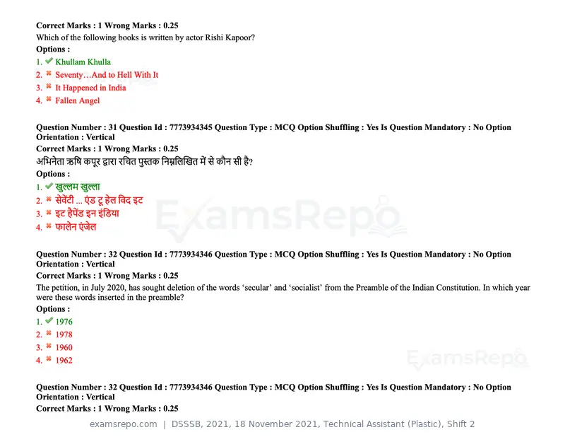 DSSSB 2021 question paper, 18 November 2021, Technical Assistant (Plastic), Shift 2, page 33 of 168