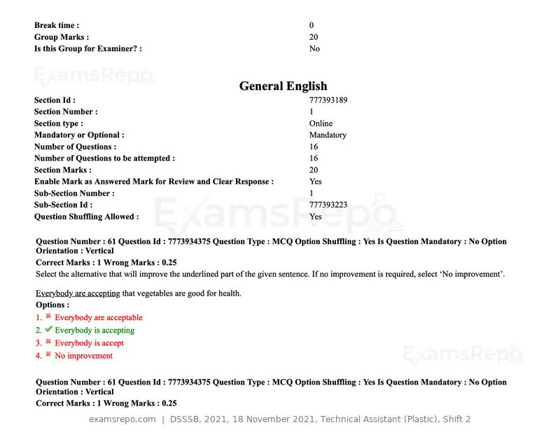 DSSSB 2021 question paper, 18 November 2021, Technical Assistant (Plastic), Shift 2, page 63 of 168