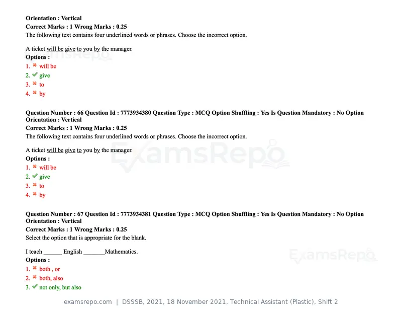 DSSSB 2021 question paper, 18 November 2021, Technical Assistant (Plastic), Shift 2, page 67 of 168