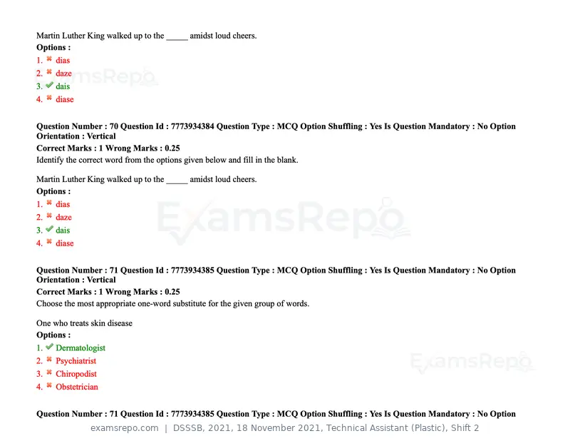 DSSSB 2021 question paper, 18 November 2021, Technical Assistant (Plastic), Shift 2, page 70 of 168
