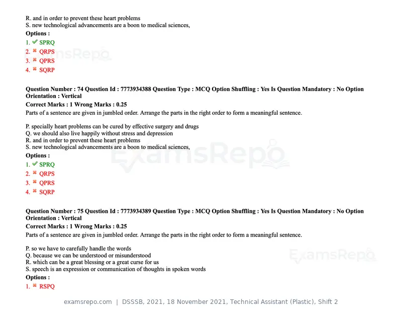 DSSSB 2021 question paper, 18 November 2021, Technical Assistant (Plastic), Shift 2, page 73 of 168