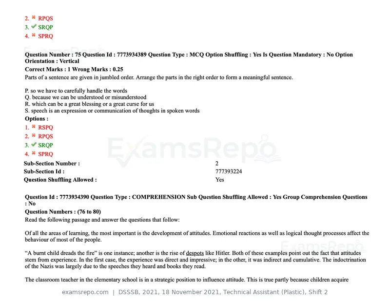 DSSSB 2021 question paper, 18 November 2021, Technical Assistant (Plastic), Shift 2, page 74 of 168