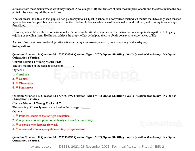 DSSSB 2021 question paper, 18 November 2021, Technical Assistant (Plastic), Shift 2, page 75 of 168
