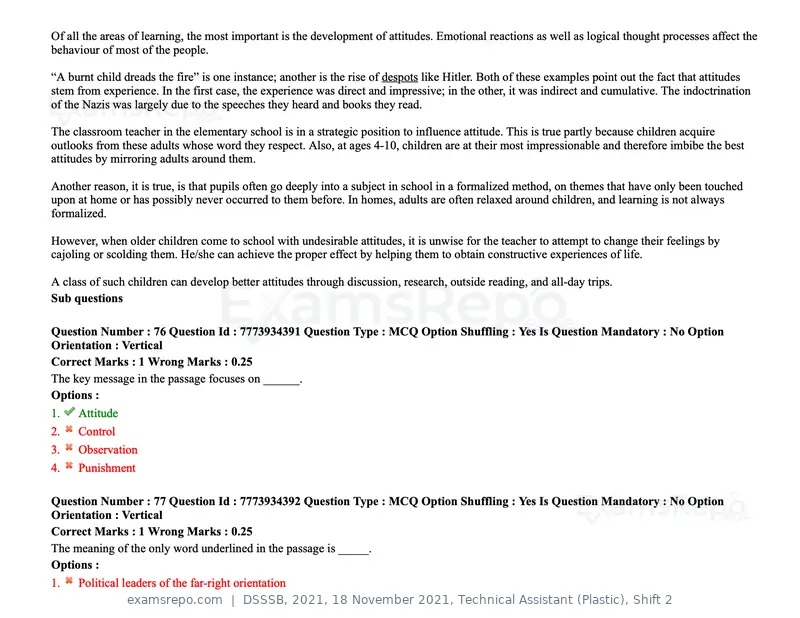 DSSSB 2021 question paper, 18 November 2021, Technical Assistant (Plastic), Shift 2, page 77 of 168