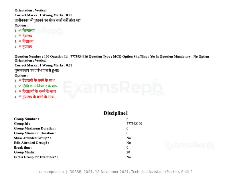 DSSSB 2021 question paper, 18 November 2021, Technical Assistant (Plastic), Shift 2, page 93 of 168