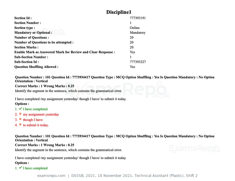 DSSSB 2021 question paper, 18 November 2021, Technical Assistant (Plastic), Shift 2, page 94 of 168
