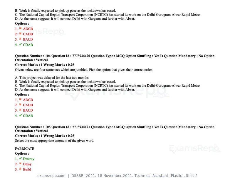 DSSSB 2021 question paper, 18 November 2021, Technical Assistant (Plastic), Shift 2, page 97 of 168