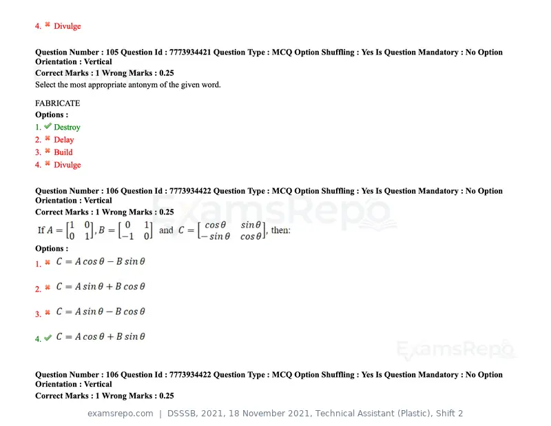DSSSB 2021 question paper, 18 November 2021, Technical Assistant (Plastic), Shift 2, page 98 of 168