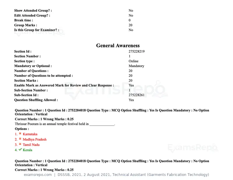 DSSSB 2021 question paper, 2 August 2021, Technical Assistant (Garments Fabrication Technology), page 2 of 153