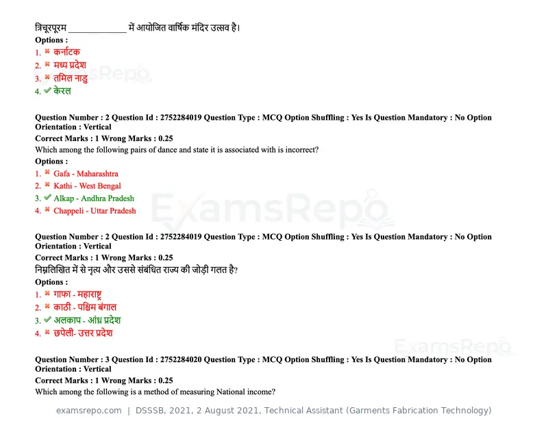 DSSSB 2021 question paper, 2 August 2021, Technical Assistant (Garments Fabrication Technology), page 3 of 153