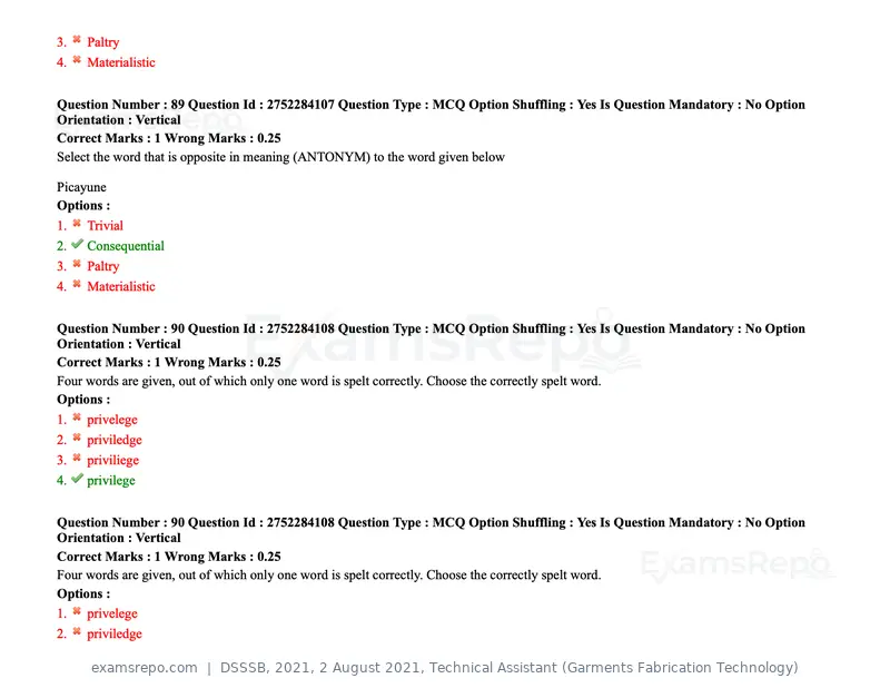 DSSSB 2021 question paper, 2 August 2021, Technical Assistant (Garments Fabrication Technology), page 76 of 153