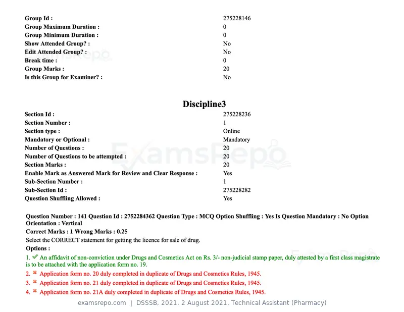 DSSSB 2021 question paper, 2 August 2021, Technical Assistant (Pharmacy), page 117 of 159