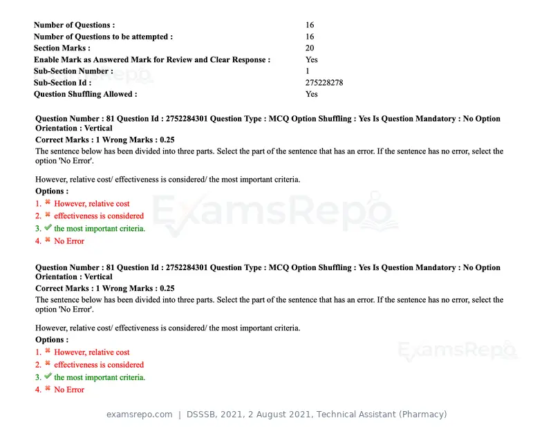 DSSSB 2021 question paper, 2 August 2021, Technical Assistant (Pharmacy), page 73 of 159