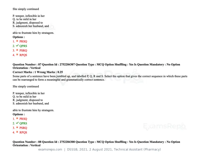 DSSSB 2021 question paper, 2 August 2021, Technical Assistant (Pharmacy), page 78 of 159