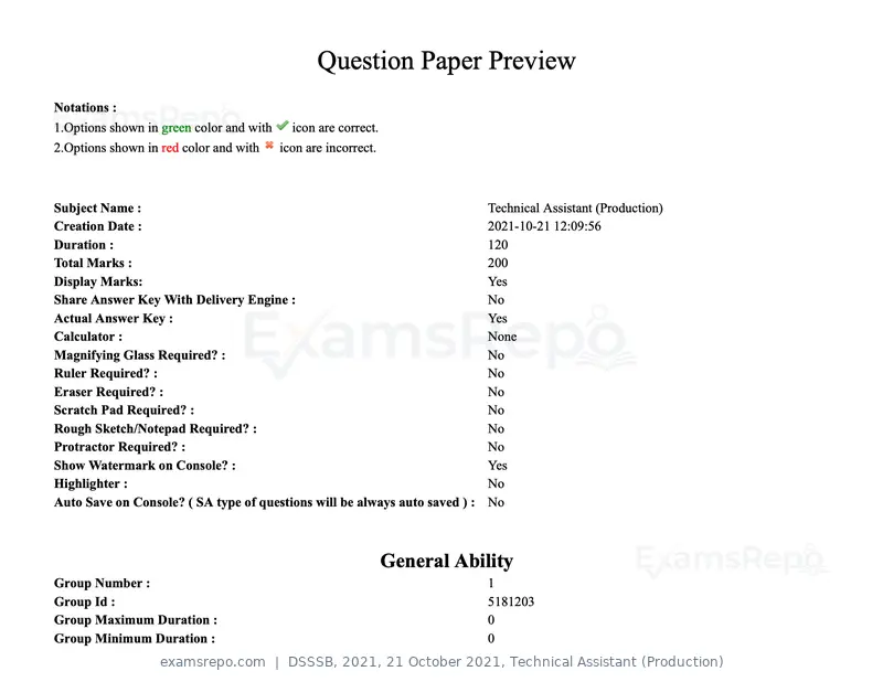 DSSSB 2021 question paper, 21 October 2021, Technical Assistant (Production), page 1 of 151