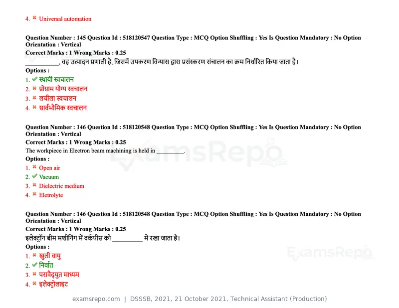 DSSSB 2021 question paper, 21 October 2021, Technical Assistant (Production), page 113 of 151