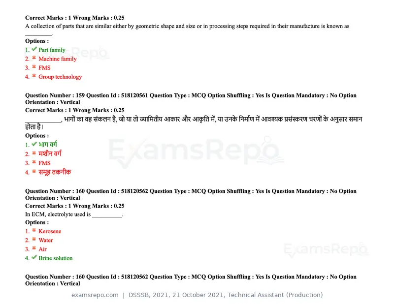 DSSSB 2021 question paper, 21 October 2021, Technical Assistant (Production), page 122 of 151