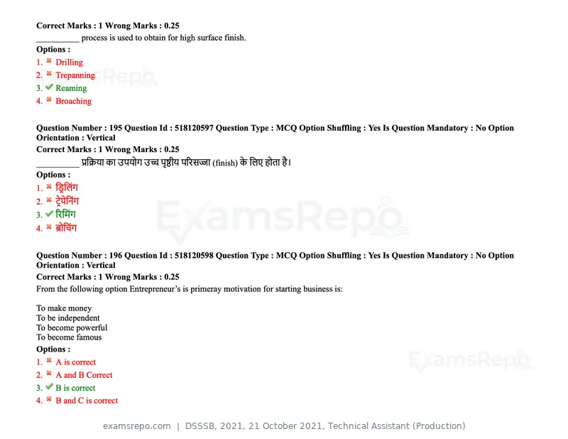 DSSSB 2021 question paper, 21 October 2021, Technical Assistant (Production), page 147 of 151