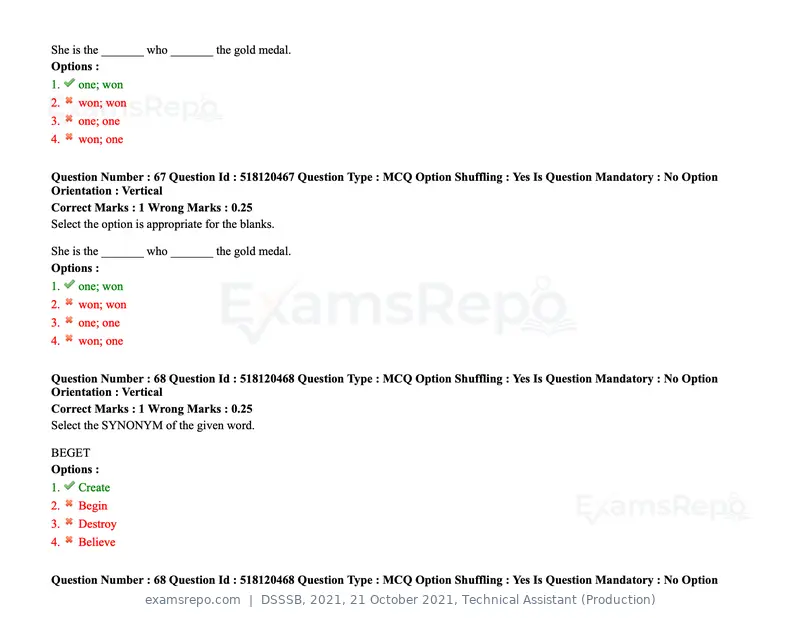 DSSSB 2021 question paper, 21 October 2021, Technical Assistant (Production), page 57 of 151