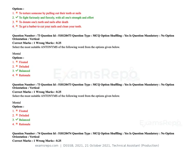 DSSSB 2021 question paper, 21 October 2021, Technical Assistant (Production), page 61 of 151