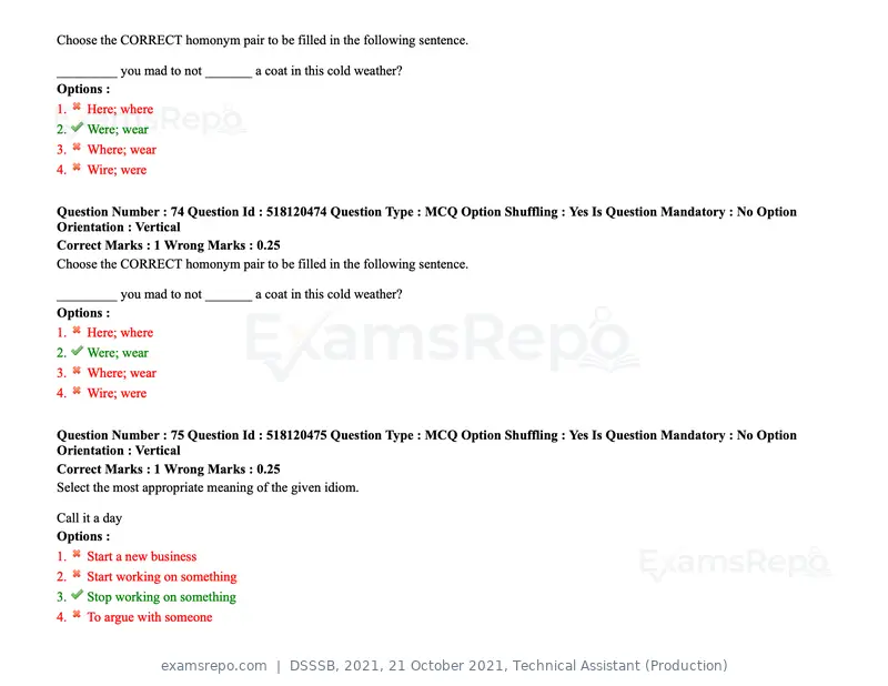 DSSSB 2021 question paper, 21 October 2021, Technical Assistant (Production), page 62 of 151
